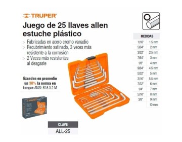 Juego Llave Allem - All-25 - 15572 - 25 Pzas - Truper