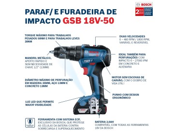 TALADRO ATORNIL GSB 18 V-50 C/ PERC  S/BAT S/CARG 18V - 1800 RPM BOSCH