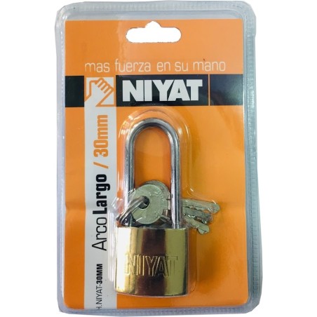 CANDADO HIERRO COLOR BRONCE ARCO LARGO 30MM - 3 LLAVES NIYAT